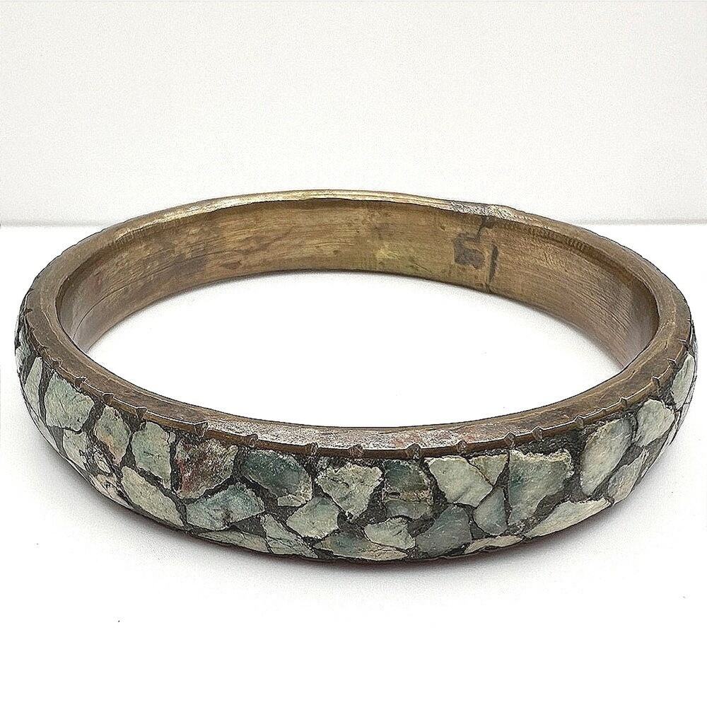 Vintage 80s Brass Bracelet Mosaic Turquoise Inlay Boho Ethnic Statement Jewelry